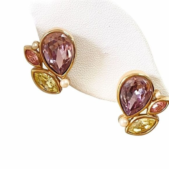 Swarovski Swan Multicolor Goldtone Faux Pearl Purple Green Pink Stud Earrings